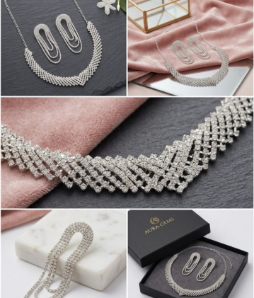 Glimmering Chevron Rhinestone Choker & Drop Earring Set