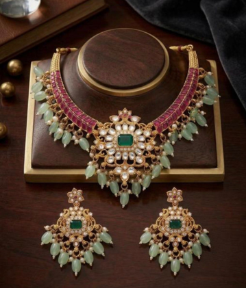 Royal Kundan Green Stone Necklace Set