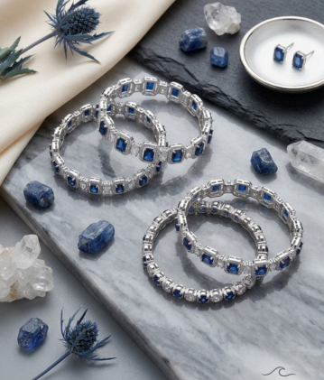 Royal Sapphire Geometric Halo Bangle Set