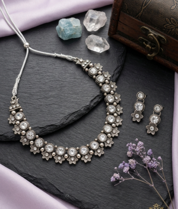 Vintage Oxidized Silver Floral Choker Set