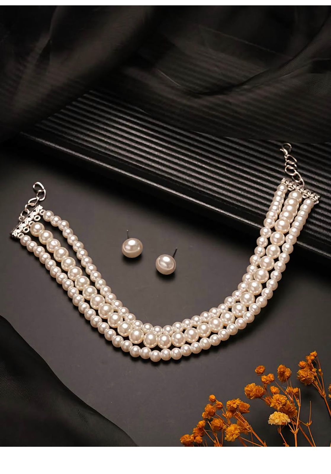 Classic Three-Strand Faux Pearl Choker & Studs Set