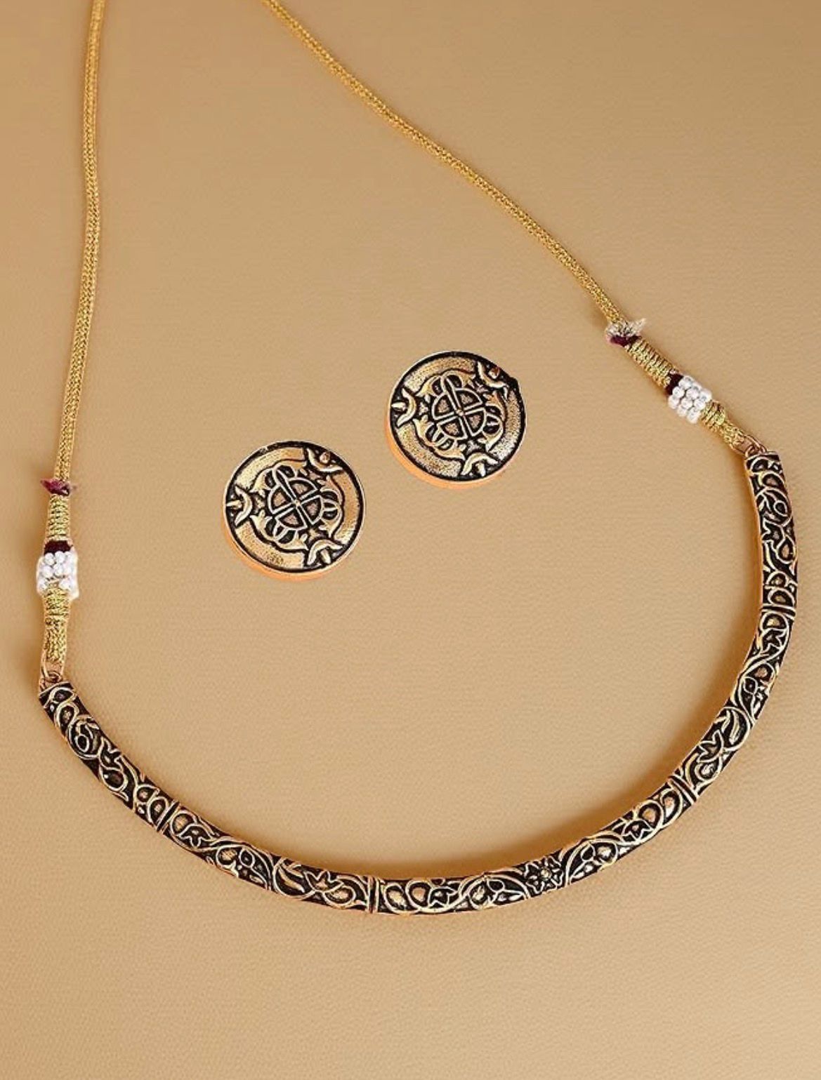 Vintage Tribal-Inspired Antique Gold Hasli Choker & Studs Set