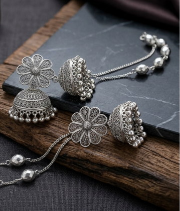 Vedya Antique Filigree Floral Jhumka Earrings with Hair Chains