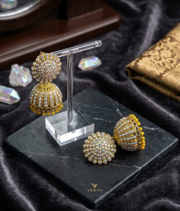 Vedya Golden Shimmer Iridescent Jhumka Earrings