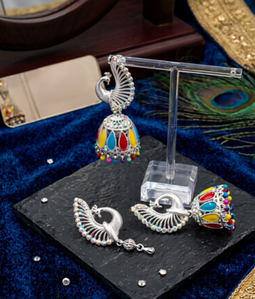 Vedya Royal Peacock Multicolored Meenakari Jhumka Earrings