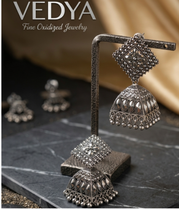 Vedya Antique Oxidized Geometric Jhumka Earrings