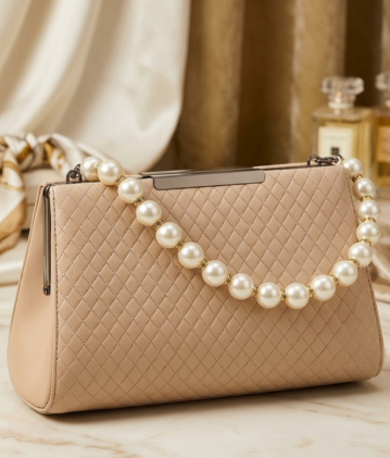 Elegant Quilted Evening Clutch with Faux Pearl Strap
