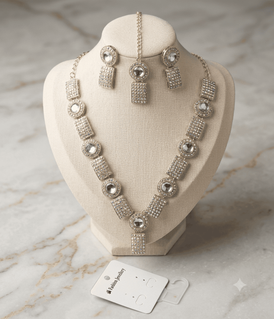 Contemporary Iridescent Crystal & Gold Geometric Long Necklace Set