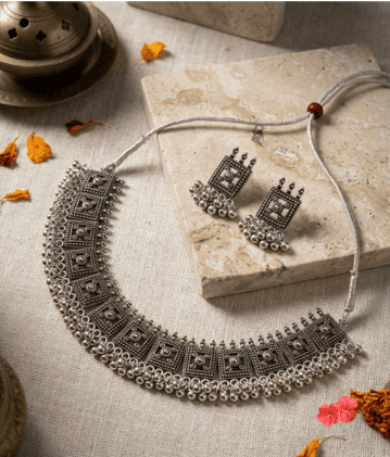 German Silver Oxidized Choker Necklace with Matching Earrings