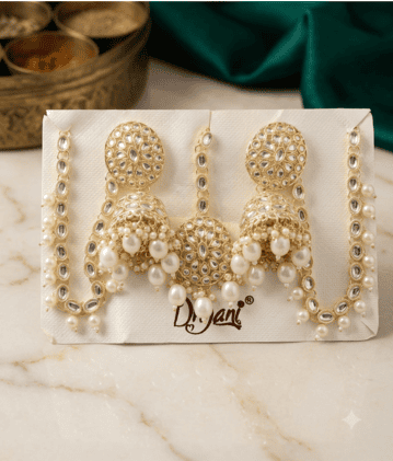 Royal Gold-Toned Kundan & Pearl Jhumka Earring Set with Maang Tikka & Saharas