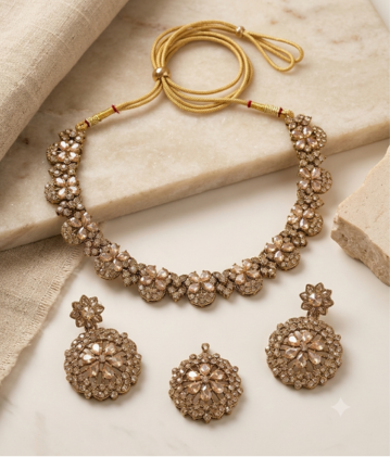 Antique Gold Floral Champagne Stone Choker Set with Round Earrings & Maang Tikka