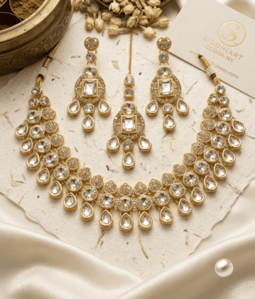 Royal Kundan & CZ Teardrop Statement Choker Set with Geometric Earrings & Maang Tikka