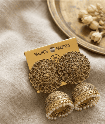 Antique Gold Oversized Circular Stud Jhumka Earrings with Pearl Drops