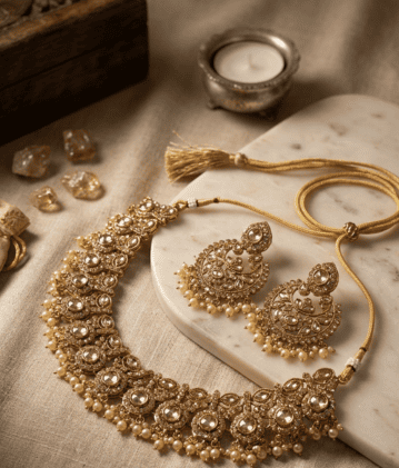 Royal Antique Gold Kundan Choker Set with Chandbali Earrings