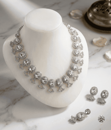 Silver-Plated CZ Oval Drop Necklace & Earring Set